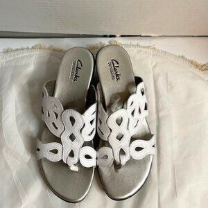 Clarks White Laser-Cut Leather Slide Sandals
